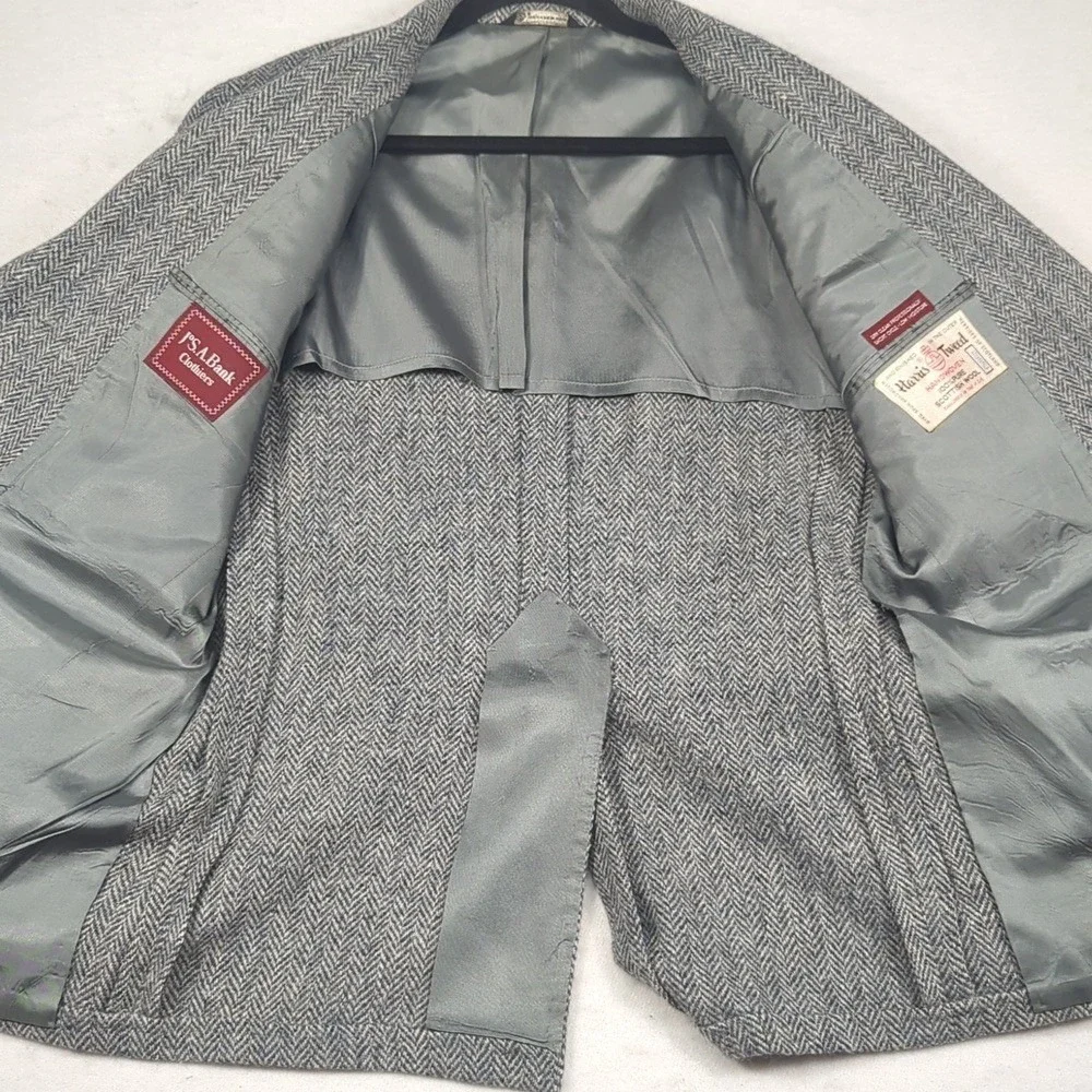 VTG Jos A Bank Harris Tweed Scottish Wool Gray Herringbone Mens Blazer Size 42S‎